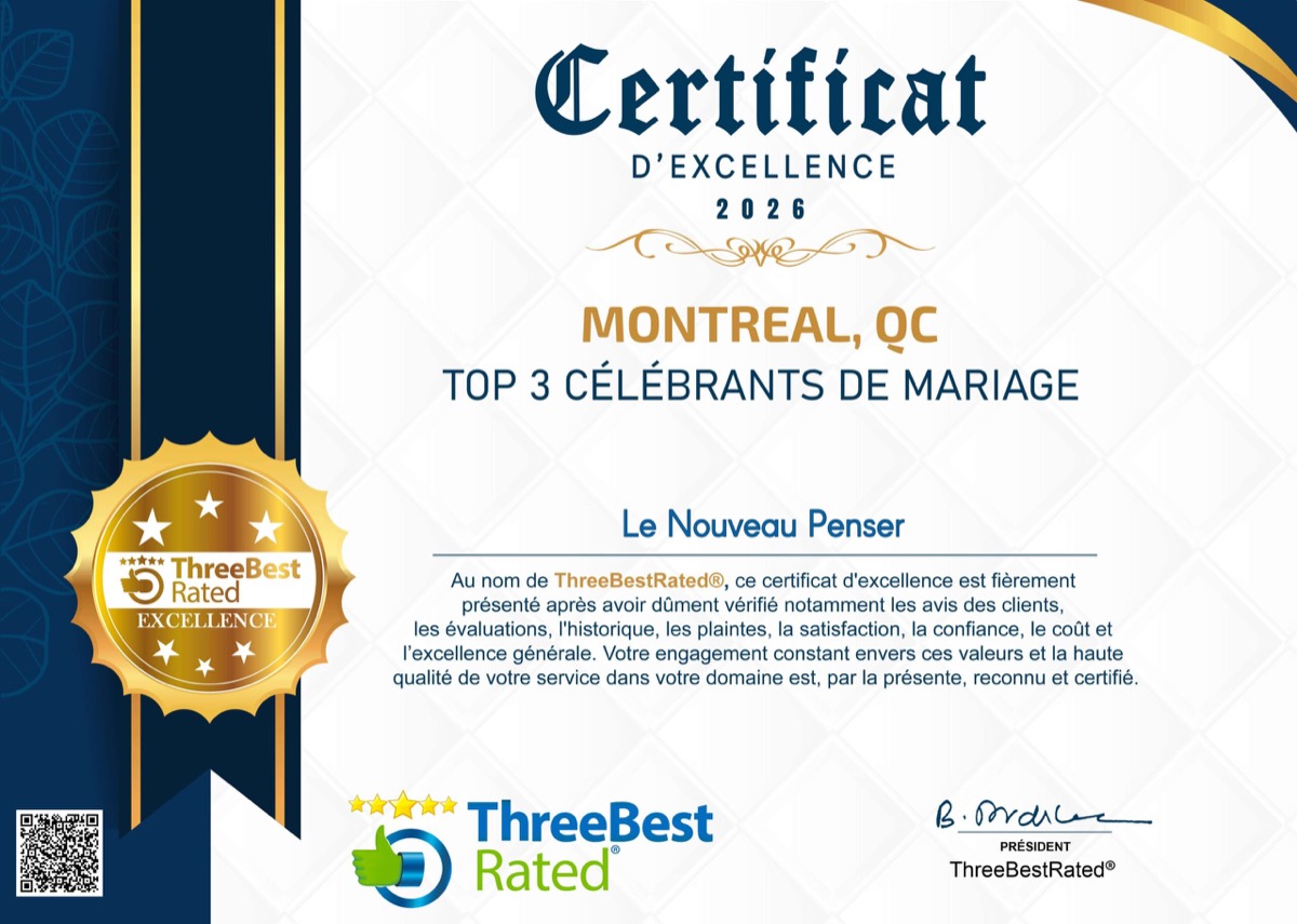 Certificat d’excellence ThreeBestRated 2026 — Top 3 des célébrants de mariage à Montréal — pour la dixième année, décerné à Le Nouveau Penser.